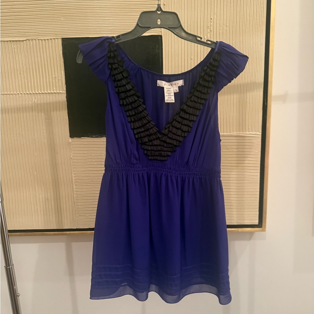 Studio M Violet Blue 100% Silk Blouse with Black Ruffle Accent